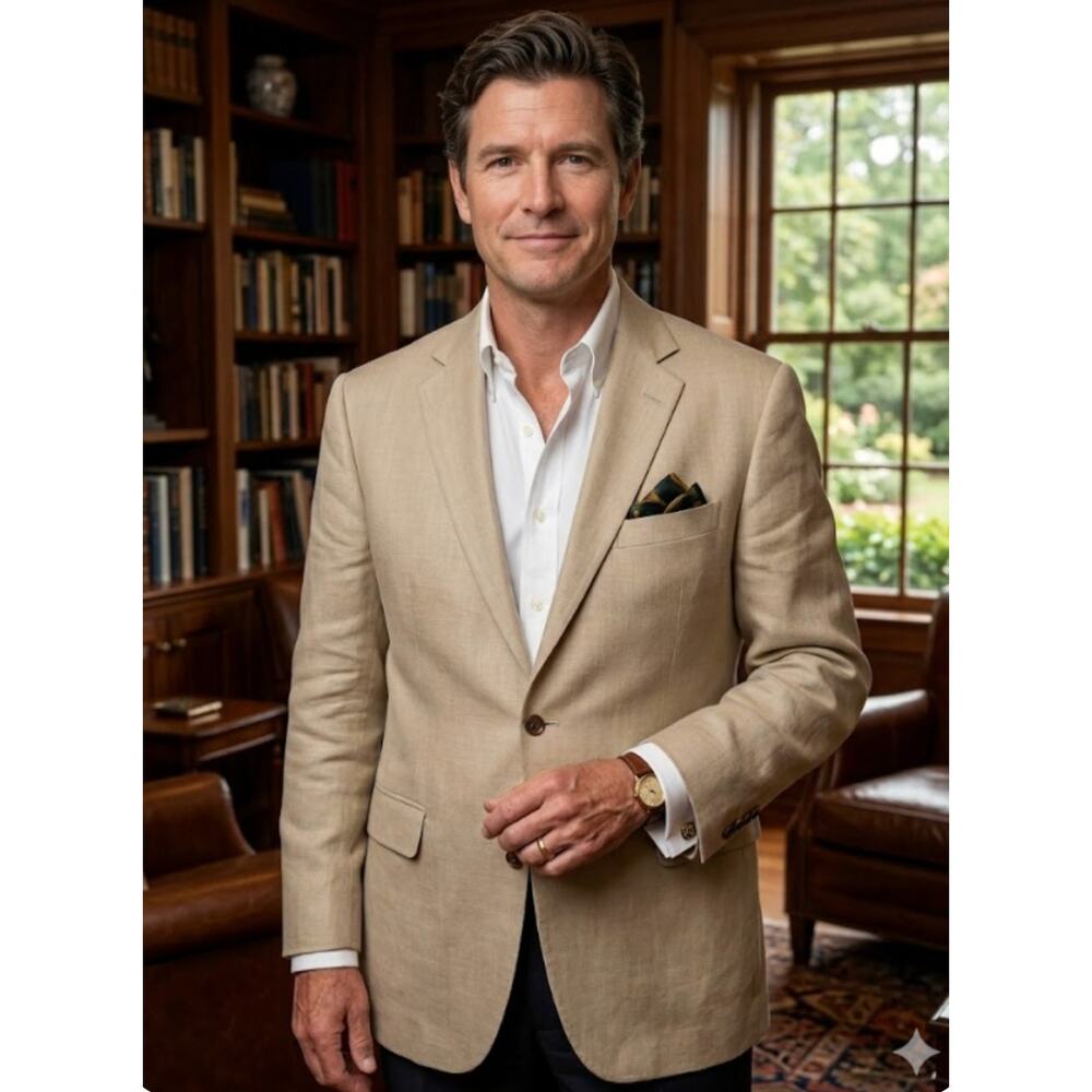 Brooks Brothers 346 Mens 43L Tan 100% Linen Blazer Bemberg Lining Classic Preppy